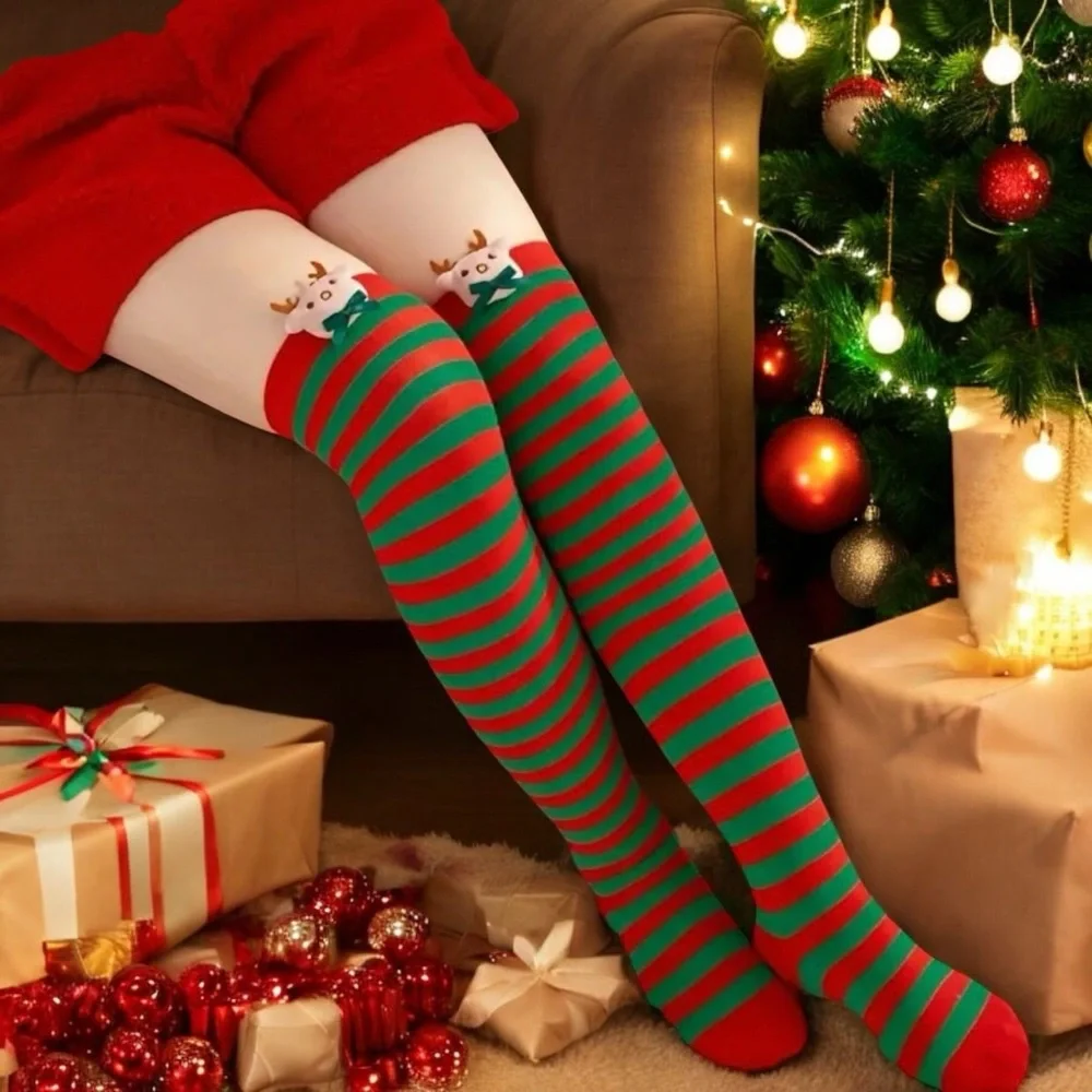 Plush Reindeer Christmas Over-the-Knee Socks Red & Green Striped, Soft Polyester